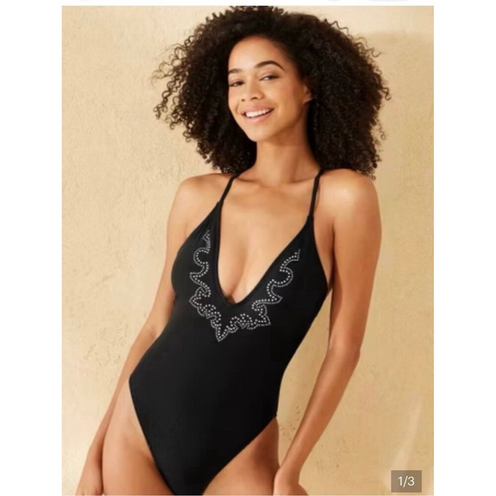 wild fable Black Deep V One-Piece Swimsuit with Rhinestone Detail